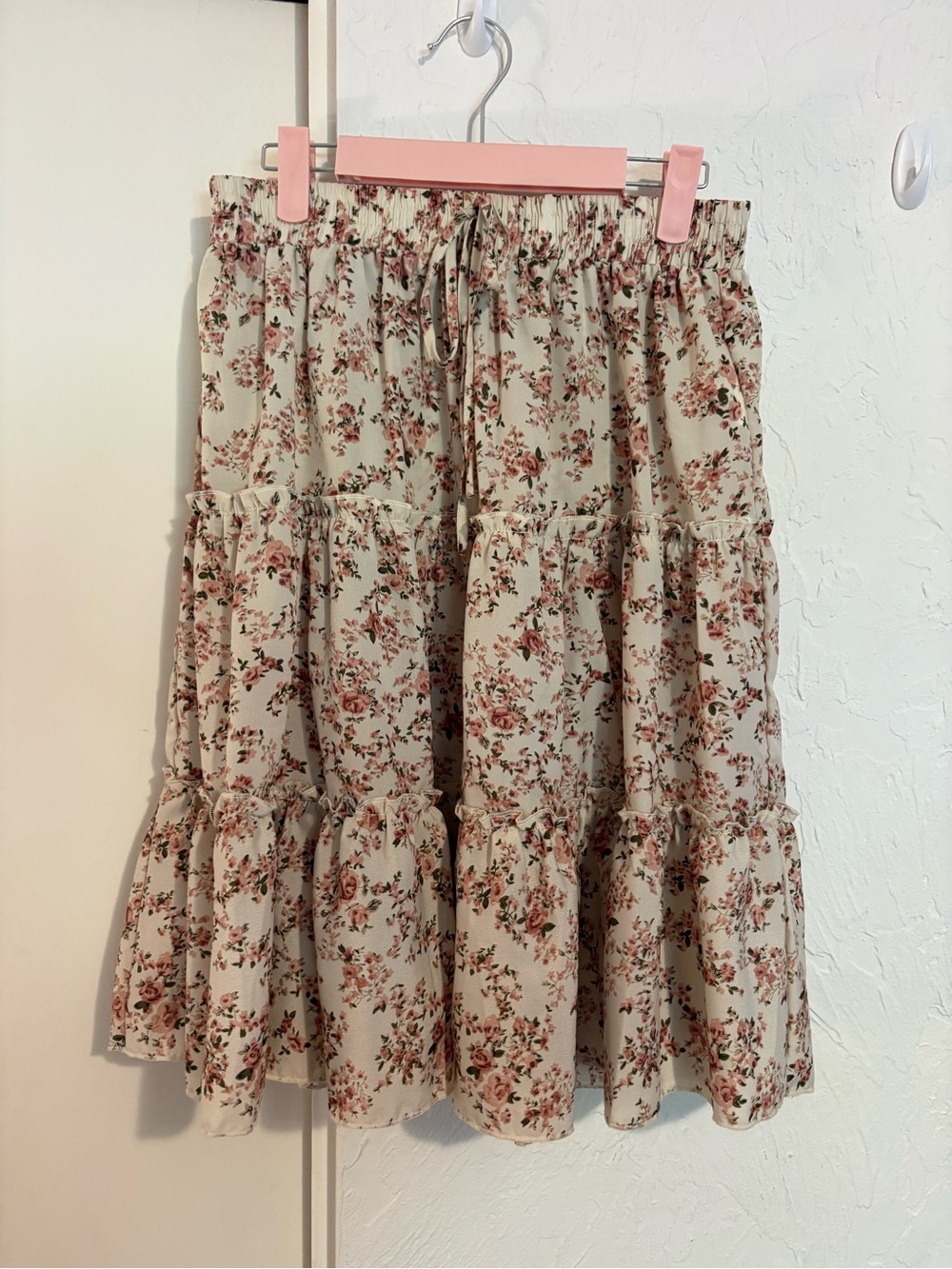Floral Tiered Midi Skirt - Cream with Pink Floral Print